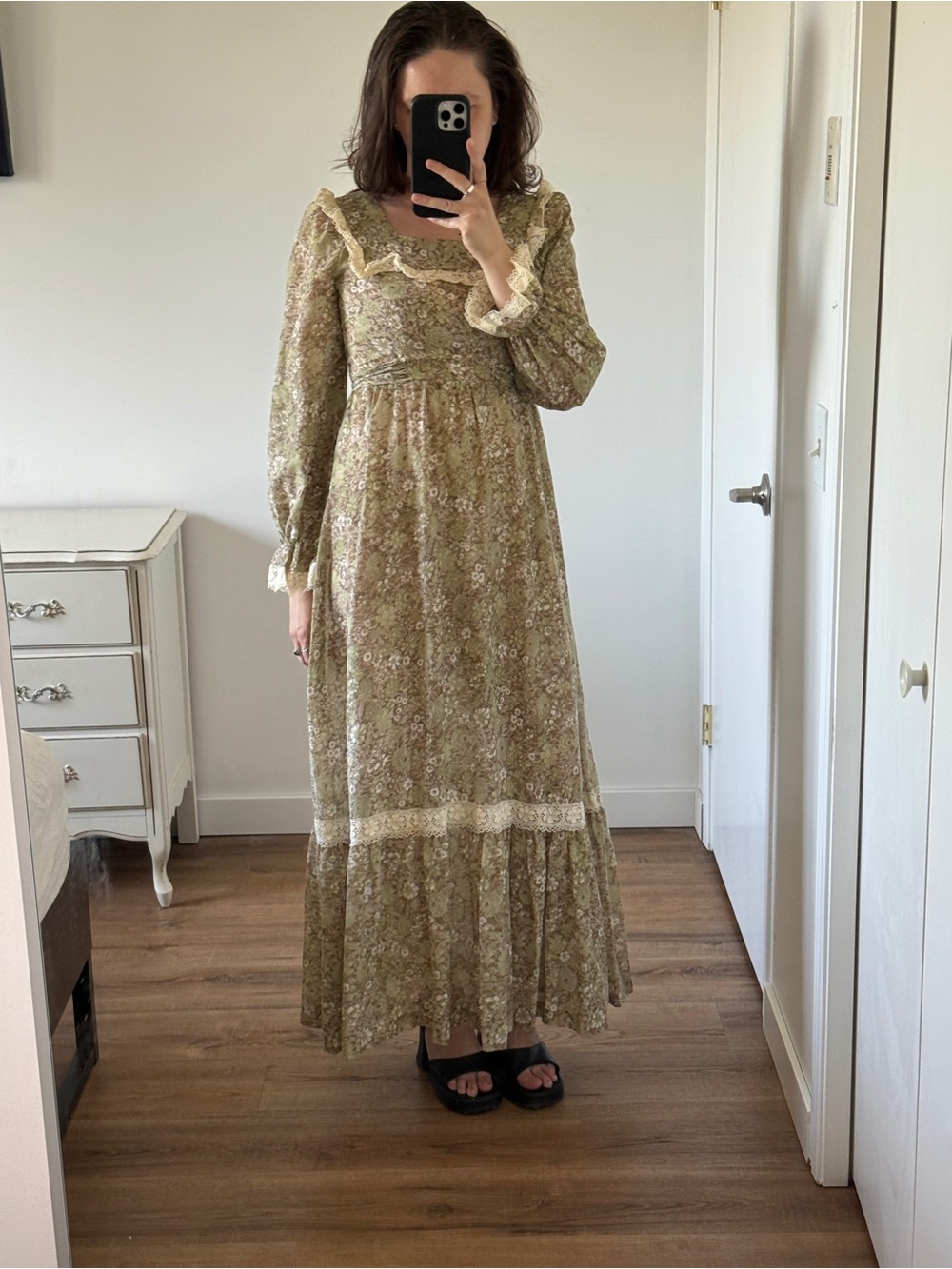 Vintage Handmade Cottagecore Maxi Dress Prairie Romantic Lace Trim S